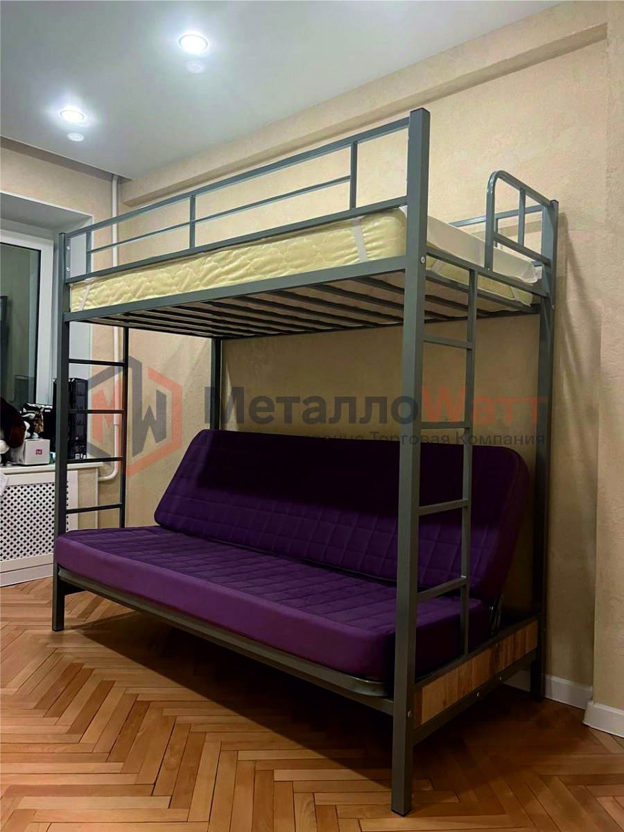 Двухъярусная кровать с диваном Мадлен серая
